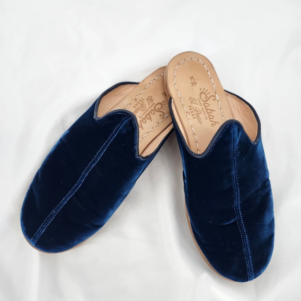 Sabah Mens Baba Crushed Velvet Mules 39 (US 6.5) Blue Western Slippers Old Money